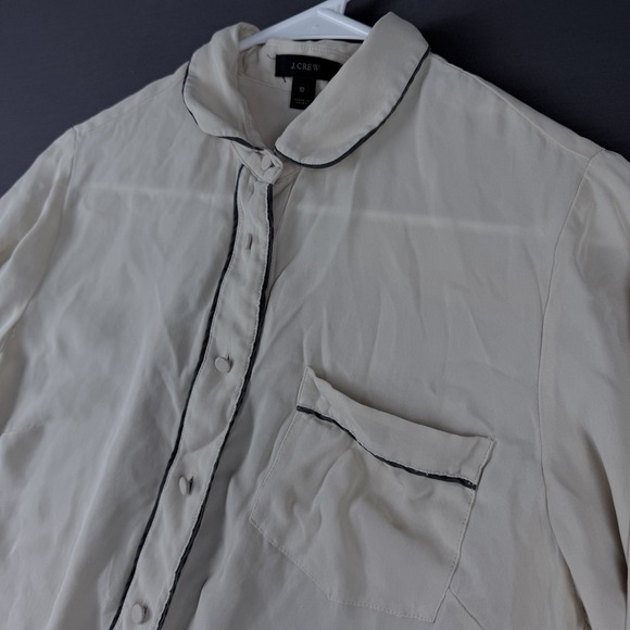 J.Crew Tops - J.Crew Beige/Black Silk Collared Button-Down Blouse 10 Long Sleeve Pocket